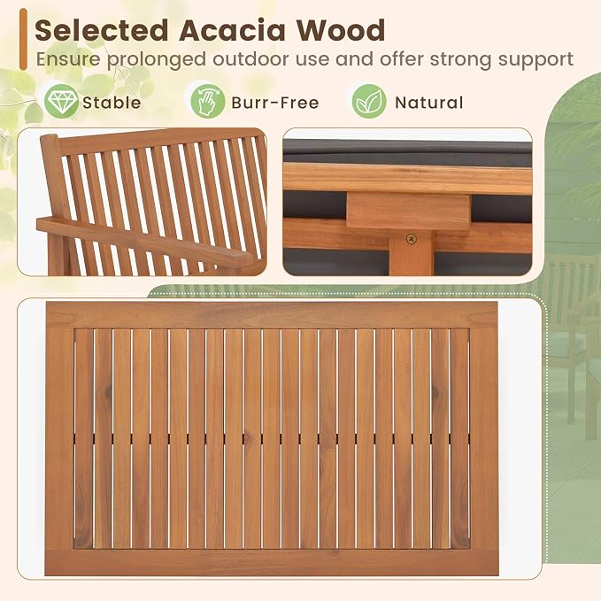 Tangkula 4 Piece Patio Wood Furniture Set, Acacia Wood Sofa Set w/Loveseat, 2 Chairs & Coffee Table, Soft Seat Cushions, Outdoor Wood Furniture Set for Porch, Yard, Balcony (Gray)