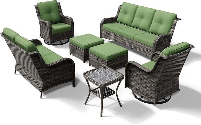 Joyside 7 Piece Wicker Patio Furniture Set, Outdoor Swivel Rocker Patio Chairs with High Back, Deep Seating, Wide Armrest, Thickened Cushions, Outdoor Furniture for Deck, Porch Use