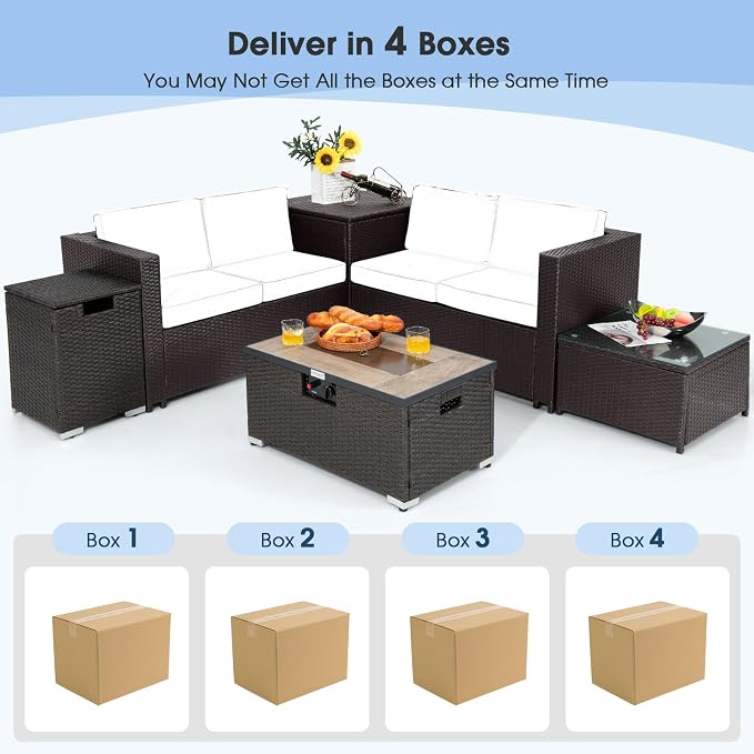 Tangkula 6 Pieces Patio Wicker Furniture Set with 32 Inches Propane Fire Pit Table and Tank Holder, Outdoor Conversation Set with Storage Box and Coffee Table, 2 Waterproof Covers Included (Beige)