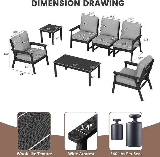 LOUNZY HDPE Patio Furniture Set, 10 Pieces Sectional Outdoor Furniture Set, All Weather Outdoor Couch Set Patio Conversation Set for Deck, Lawn, Black