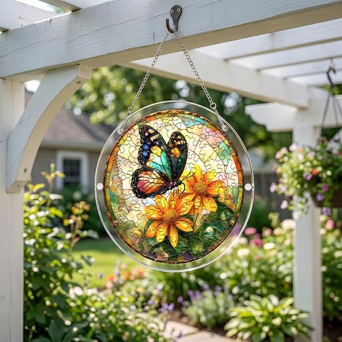 Acrylic Puzzle Suncatcher, Jigsaw Puzzle Sun Catcher, 7.87 in | Butterfly & Flower Acrylic Jigsaw Puzzle, Suncatcher Puzzles Kit Home Garden Decor, Mothers Day Birthday Gifts for Mom, Adult