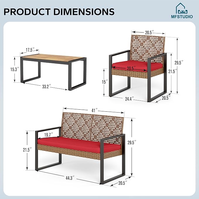 MFSTUDIO 4 Piece Wicker Patio Furniture Set, Small Patio Set with Loveseat & Chaise & Acacia Wood Table, Outdoor Rattan Sectional Furniture, Brown Sofa Couch Set for 4, Red
