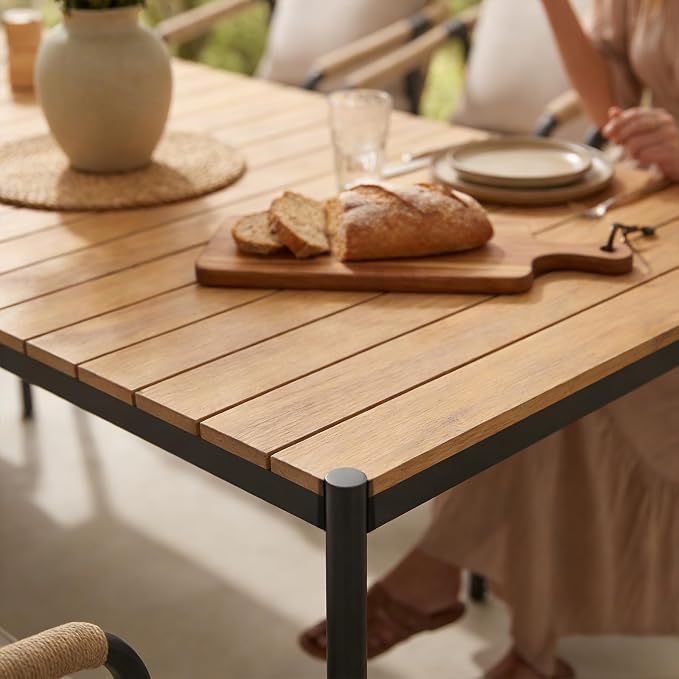 SUNSITT 9 Piece Outdoor Patio Dining Set, Patio Dining Furniture Set with 82.6” Metal Dining Table w/WPC Tabletop and 6 Woven Rope Patio Chairs w/Curved Armrest for Garden, Beige