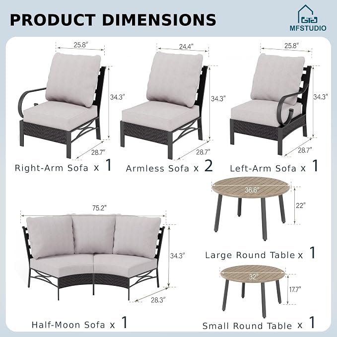 MFSTUDIO Patio Furniture Set, 6 Seats Half-Moon Curved Outdoor Sectional Sofa Conversation Set with 2 Wood-Like Round Table, Woven Rattan Patio Couch for Backyard, Garden, Deck