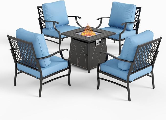 SUNSHINE VALLEY 5 Piece Metal Outdoor Patio Furniture Set with Fire Pit Table, Patio Conversation Sets 4 Fixed Chairs with 5.75" Thick Cushion and 5000 BTU Fire Pit Table, Backyard Furniture, Blue