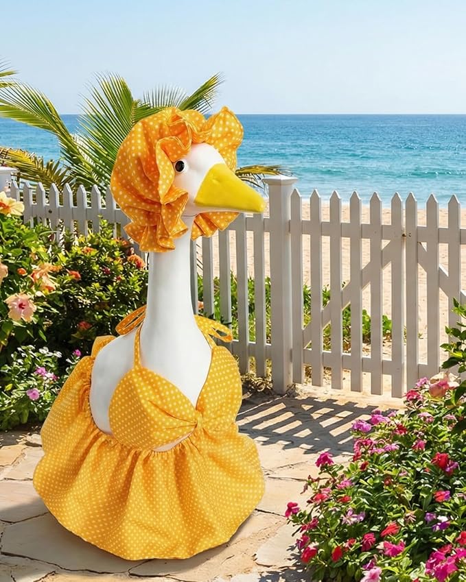 Summer Porch Goose Outfits Bikini with Sun Hat, 23" Yellow Polka Dot Hawaiian Swimsuit Lawn Cement Goose Clothes, Cute Porch Goose Swimsuit for Garden Decor, Best Gift for Mom Grandma