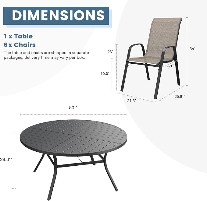 DIFY 7 Piece Outdoor Dining Set, 50" Black Round Metal Dining Table and Brown Textilene Stackable Patio Chairs, Patio Table and Chairs Set for 6 with Umbrella Hole for Backyard Garden Deck