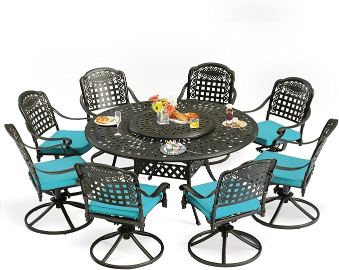 9-Piece Patio Furniture Dining Set, Cast Aluminum Outdoor Conversation Set- 61" Round Patio Dining Table with Detachable Lazy Susan & 8 Cushioned Swivel Rocker, Umbrella Hole, Ocean Blue