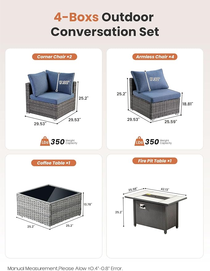 ovios Outdoor 8 Piece Patio Furniture Set with Fire Pit Table,Conversation Sectional Wicker Couch with Coffee Table,Modern Outside Sofa for Balcony Backyard, Blue