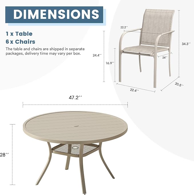 DIFY 7 Pieces Outdoor Patio Dining Set for 6, 47.2" Sandshell Round Dining Table and 6 Sandshell Stackable Sling Dining Chairs, Metal Outdoor Table and Chairs for Lawn Garden Backyard Deck