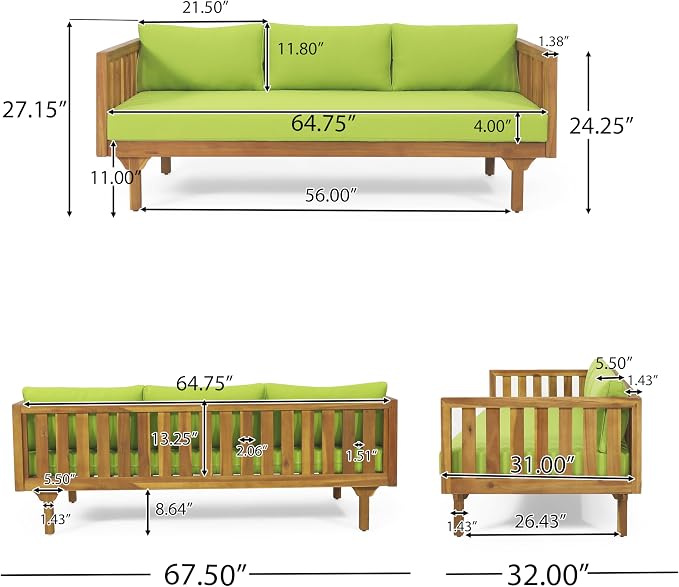 Merax Outdoor Acacia Wood Conversation Set - Patio 3-Seat Loveseat Sofa w/Coushion and Round Coffee Table for Backyard, Lawn, Balcony, Teak+Green/Light Teak