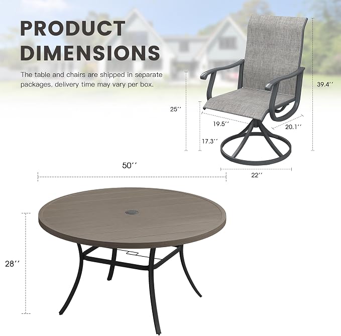 Outdoor Dining Set for 6, 50" Metal Round Outdoor Dining Table with Umbrella Hole and Sling Patio Swivel Chairs, 7 Pieces Patio Table and Chairs Set for Garden Backyard, Grey