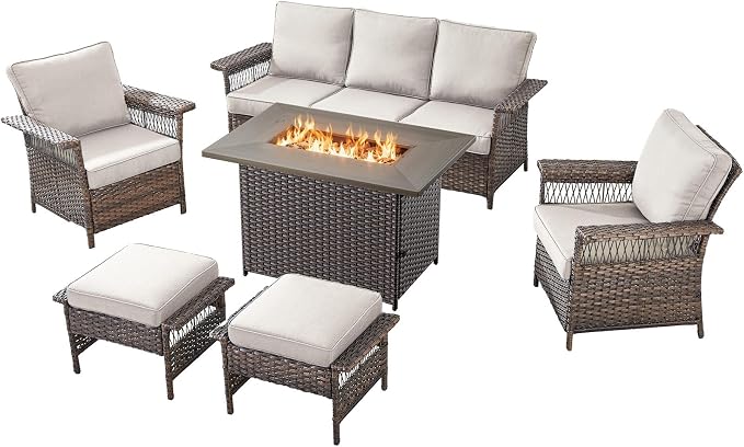 Patio Furniture Set with Fire Pit Table, 6PCS Patio Conversation Set Brown Resin Wicker Patio Chair Sofa Ottoman with 41in Rectangular Outdoor Fire Table PE Rattan Furniture Set