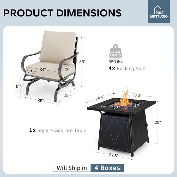 MFSTUDIO 5 Pieces Patio Conversation Sets, Outdoor Metal Furniture Sofas with 1 x 28 50,000 BTU Square Propane Fire Table and 4 x Wrought Iron Frame Rocking Chairs with Beige Cushion