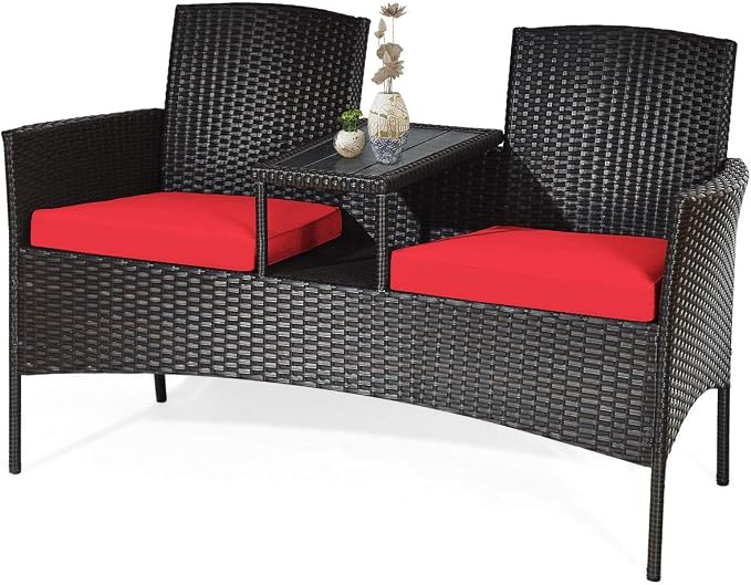Tangkula Outdoor Rattan Loveseat, Patio Conversation Set with Cushions & Table, Modern Patented Wicker Sofa Set with Built-in Coffee Table, Rattan Sofas for Garden Lawn Backyard