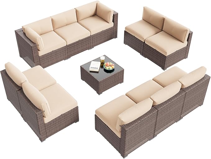 Aoxun Patio Furniture Set, 11 Piece Outdoor Sectional Sofas with Waterprool Cover, 10 Seats Wicker Rattan Outdoor Furniture Patio Conversation Set for Backyard, Garden (Brown Rattan Beige Cushions)