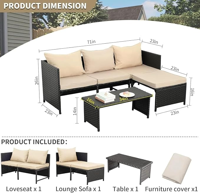 3-Piece Outdoor PE Rattan Furniture Set Black Wicker Conversation Loveseat Sofa Sectional Couch Khaki Patio Comfortable Cushion Outdoor Sectional