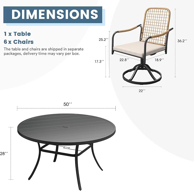DIFY 7 Pieces Outdoor Dining Set for 6, 50" Round Dining Table with Umbrella Hole & Wicker Swivel Patio Chairs with Cushions, Metal Patio Table and Chairs Set for Backyard Porch Garden, Black