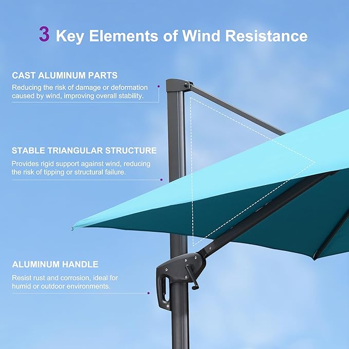 PURPLE LEAF 10' X 13' Cantilever Umbrella with Base Included Patio Outdoor Rectangle Umbrella Large Deck Umbrella Heavy Duty Market Sun Umbrella for Garden Backyard Pool Turquoise Blue