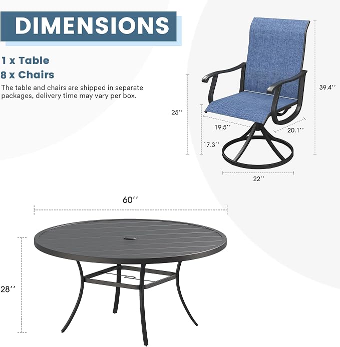 DIFY Outdoor Dining Set for 8, 9 Piece Patio Table and Chairs Set, Swivel Patio Dining Chairs with Blue Textilene & 60" Black Round Metal Dining Table with Umbrella Hole, for Garden Backyard Deck