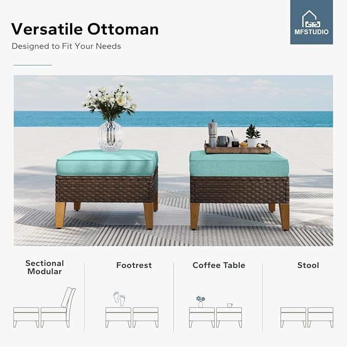MFSTUDIO 9 Seat Wicker Patio Furniture Set, All-Weather Extra Large Rattan Patio Conversation Set, 4 x Armrest Chair, 3-Seat Sofa, 2 x Ottoman, Outdoor Sectional Sofa for Backyard(Aqua Blue Cushions)
