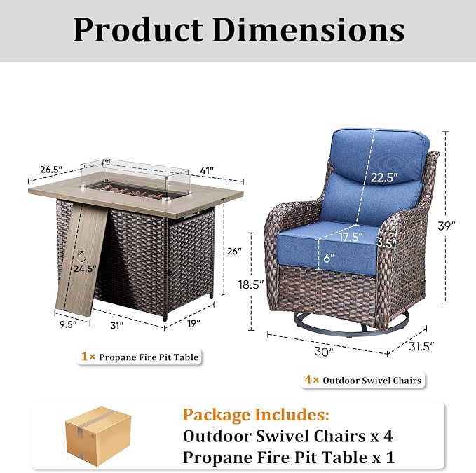 Luxury High Back Patio Furniture Set with Fire Pit Table & 6-Inch Thick Cushions, 5-Pieces Outdoor Furniture with 4 Swivel Chairs, Wicker Conversation Set for Porch, Balcony, Deck and Yard, Brown/Blue