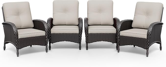 Joyside Wicker Patio Chairs, 4 Piece Rattan Outdoor Furniture with Thickened Cushions, High Back, Deep Seating, Wide Armrest, Outdoor Chairs for Porch, Deck