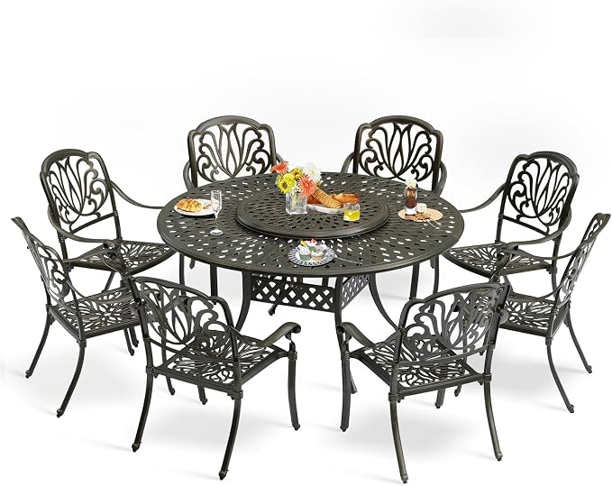 9-Piece Patio Furniture Dining Set, All Weather Cast Aluminum Outdoor Conversation Set- 61" Round Patio Dining Table with Detachable Lazy Susan & 8 Chairs, Umbrella Hole, Dark Bronze
