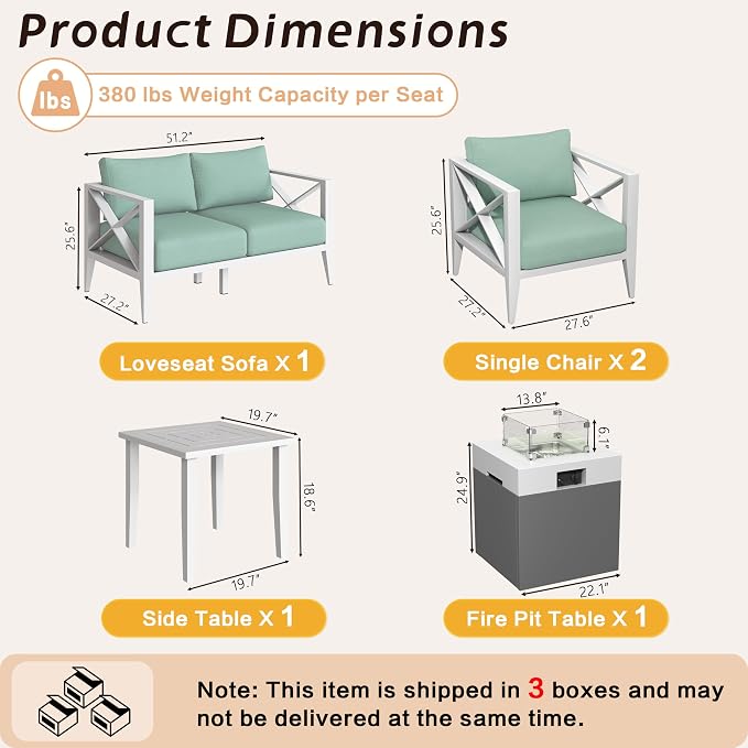 Aluminum Patio Furniture Set, 6-Piece Oversized Outdoor Conversation Set with Fire Pit Table & Coffee Table, All Weather Modern White Sofa for Deck, Garden, Poolside