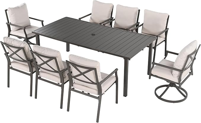 HAPPATIO Patio Dining Set, Powder-Coated Metal Outdoor Table and Chairs Set for 8, 6 Chairs and 2 Swivel Rockers with Thick Cushions, 80" Rectangular Table with 1.5" Umbrella Hole for Deck Yard