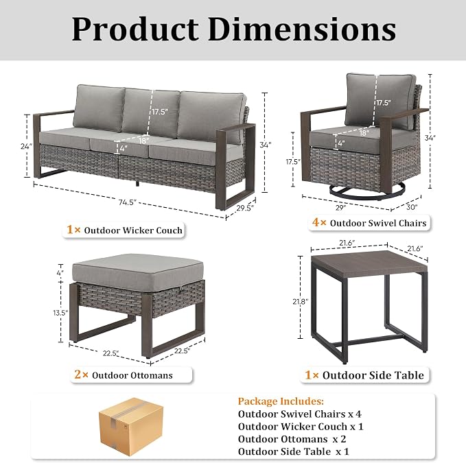 7-Piece Outdoor Patio Furniture Set with 4 Swivel Chairs, All-Weather Wicker Sofa Set for Garden, Yard, Porch and Poolside Seating, Grey/Grey