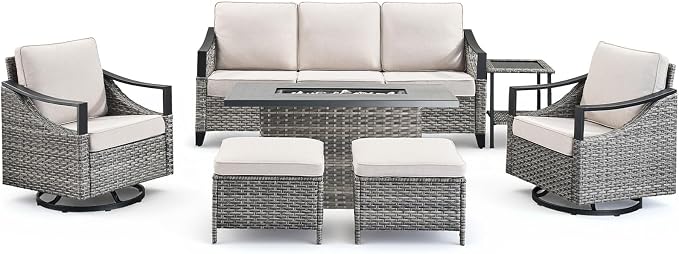 Patio Furniture Set with 42.5" Fire Pit Table-7 Pieces All Weather Wicker Outdoor Furniture with High Back Swivel Patio Chairs Set of 2 Outdoor Patio Conversation for Deck Garden Beige/Gray