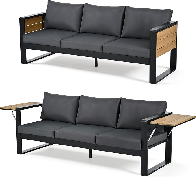 4-Piece Outdoor Patio Furniture Set,Conversation set for 5 Person, 3-Seater Sofa, 2 Armchairs with Fold-Out Side Tables, Aluminum Frame & Plastic-Wood , Modern Garden/Patio Seating, Grey Cushions