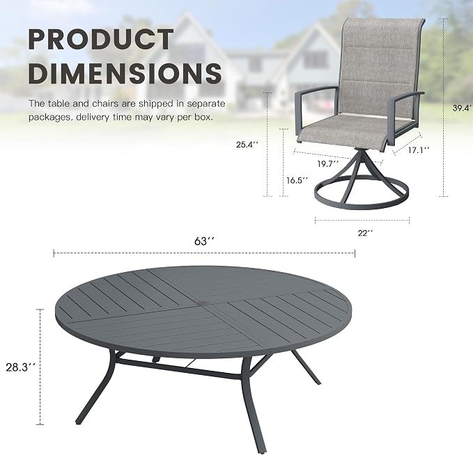 Outdoor Dining Set for 8, 63.1" Outdoor Dining Table with Umbrella Hole and Padded Textilene Patio Swivel Chairs, 9 Pieces Patio Table and Chairs Set for Garden Backyard, Grey and Dark Grey
