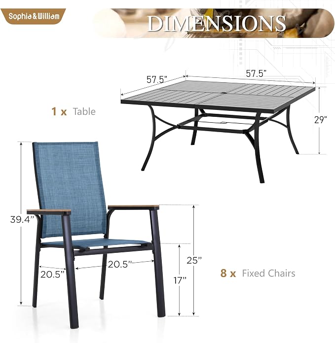 Sophia & William Patio Dining Set for 8, Square Table & Aluminum Chairs | Metal table, Blue Stackable Chairs, Breathable & quick-drying, Light-weight & space-saving, Umbrella Hole, Outdoor
