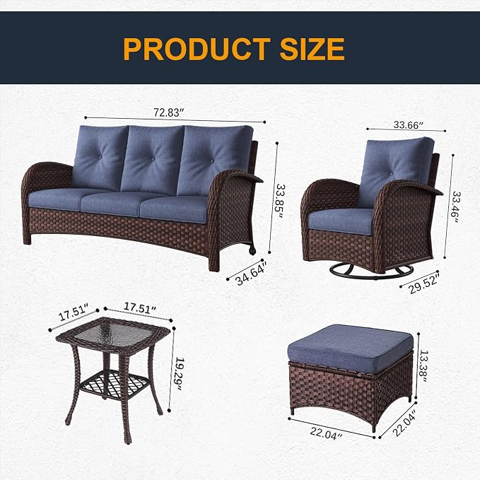 6 Pieces Outdoor Wicker Patio Swivel Rocking Chairs, All Weather Wicker Conversation Set with Side Table