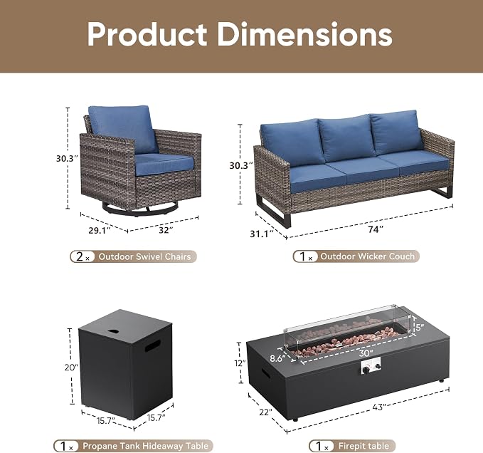 HUMMUH Patio Furniture Set with Fire Pit Table,5 Piece Wicker Outdoor Conversation Sets -Outdoor Swivel Rocker Chairs Patio Sofa for Porch,Garden,Backyard