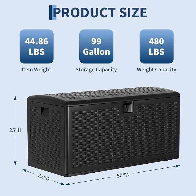 Jojoka 73 Gallon Lockable Resin Deck Box – Waterproof & UV-Resistant Outdoor Storage Bench – Rattan Style, Weatherproof, Side Handles – Patio Cushions, Garden Tools, Pool Accessories – Black, Webbing