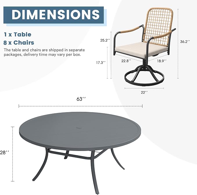 DIFY 9 Pieces Outdoor Dining Set for 8, 63" Round Dining Table with Umbrella Hole & Wicker Swivel Patio Chairs with Cushions, Metal Patio Table and Chairs Set for Backyard Porch Garden, Grey