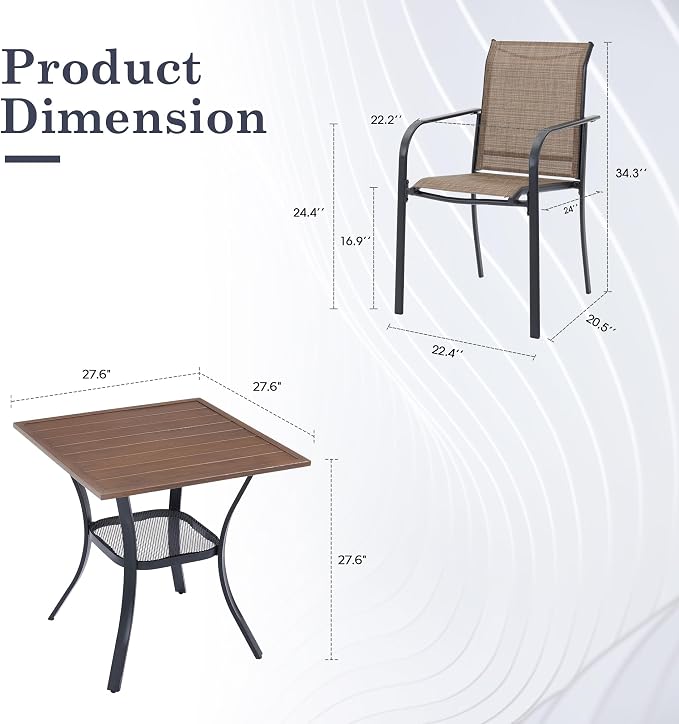 3 Pieces Outdoor Dining Set, Stackable Textilene Paito Chairs & 27.5" Square Dining Table with Shelf, Patio Dining Set for Backyard, Deck, Garden, Brown & Walnut