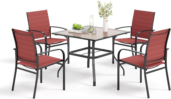 MIXPATIO 5 Pieces Patio Table and Chairs Set, 4 Person Outdoor Dining Furniture Set, 4 Red Textilene Chairs and 37" Wood-Like Table Top Table with Umbrella Hole, for Deck Backyard Lawn