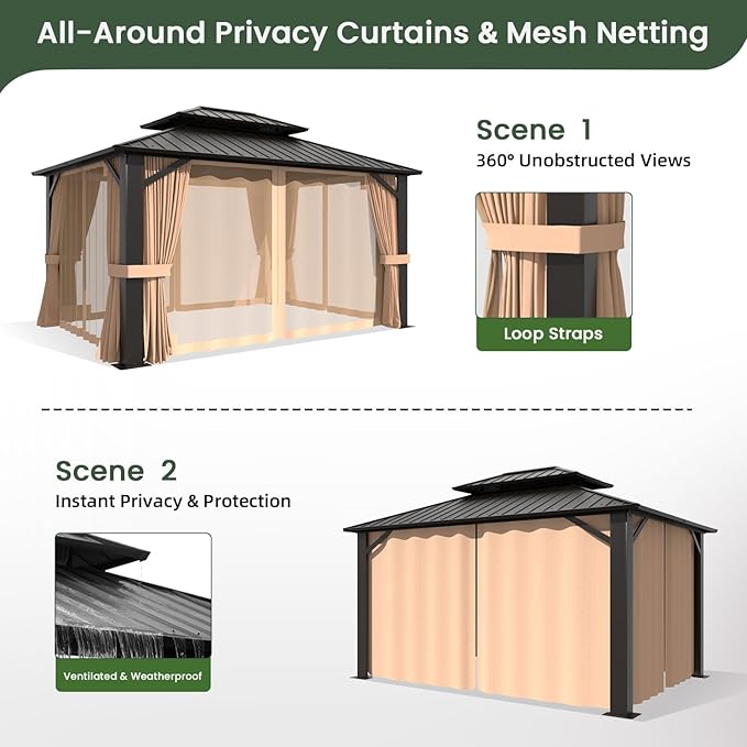 12’x16’ Hardtop Gazebo, Galvanized Steel Double Roof Canopy with Aluminum Frame, Outdoor Pavilion with Nettings and Curtains
