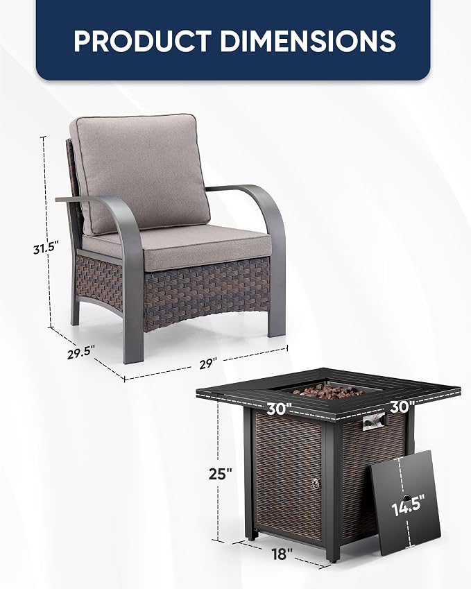 HUMMUH Patio Furniture Set with Fire Pit Table-Patio Chairs Set of 4 Outdoor Wicker Chairs for Deck Porch Garden Poolside Backyard-Brown/Grey
