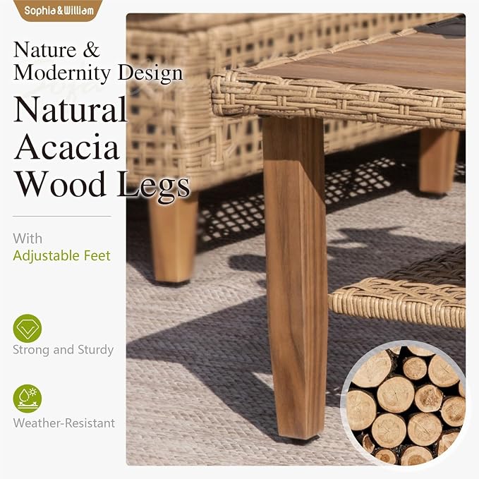 Sophia and William Wicker Patio Furniture Set, Boho Outdoor Conversation Set Rattan Sectional Sets with Acacia Wood Coffee Table for Garden, Porch, Deck(4 Seats, Navy Blue)