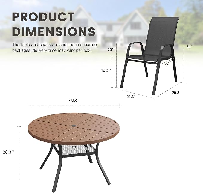 5 Pieces Outdoor Dining Set, 40.7" Spliced Patio Table with Umbrella Hole & Stackable Outdoor Dining Chairs, Patio Furniture Set for Deck Garden Porch, Black Chairs & Walnut Table