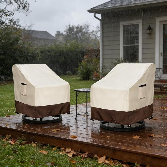 Outdoor Swivel Chair Covers 2 Pack, 30 W x 34 D x 38.5 H Inches, 600D Heavy Duty Waterproof Patio Chair Cover, Outdoor Furniture Covers for Lawn/Garden Chiars, Lvory&Brown