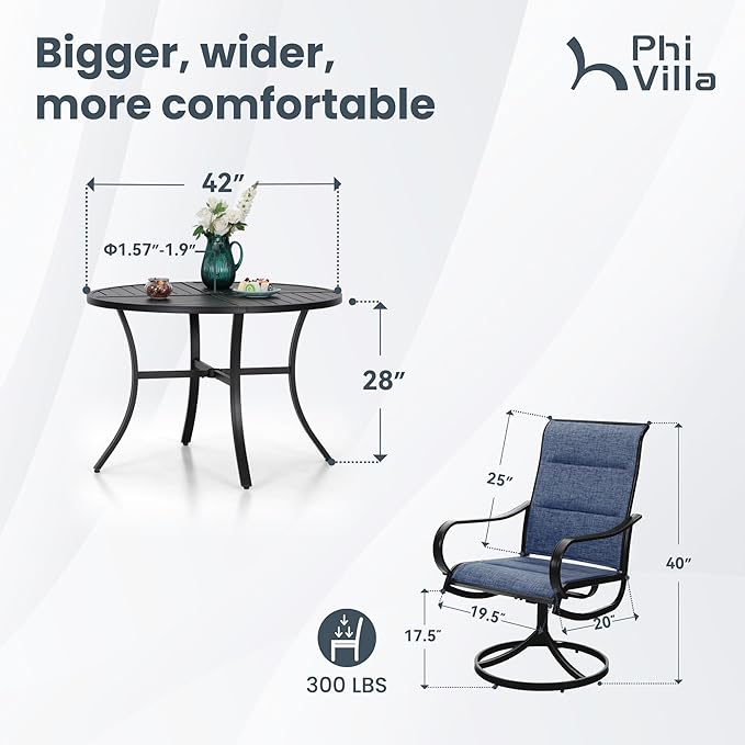 PHI VILLA 5 Piece Outdoor Patio Dining Set with 4 Padded Swivel Dining Chairs & 1 Large Round Dining Table, All Weather Blue Chair and Metal Table for Deck Lawn Garden