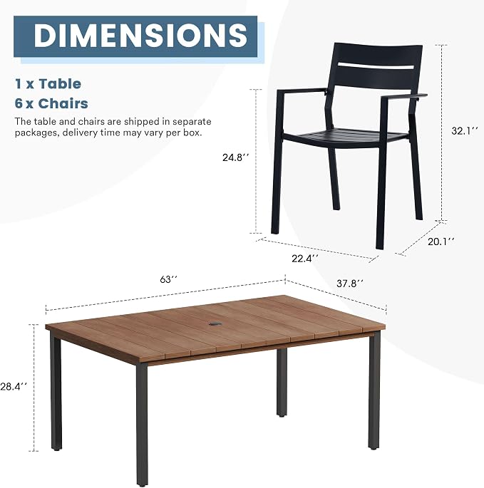 DIFY 7 Pieces Outdoor Patio Dining Set, 6 Black Stackable Metal Dining Chairs and 63" Walnut Rectangle Dining Table, Outdoor Table and Chairs for Lawn Garden Backyard Deck