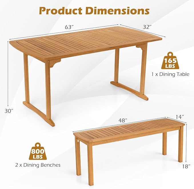 HAPPYGRILL 3 Pieces Acacia Wood Outdoor Dining Set for 4 People, Patio Table & Bench Set with Umbrella Hole, Outside Picnic Furniture