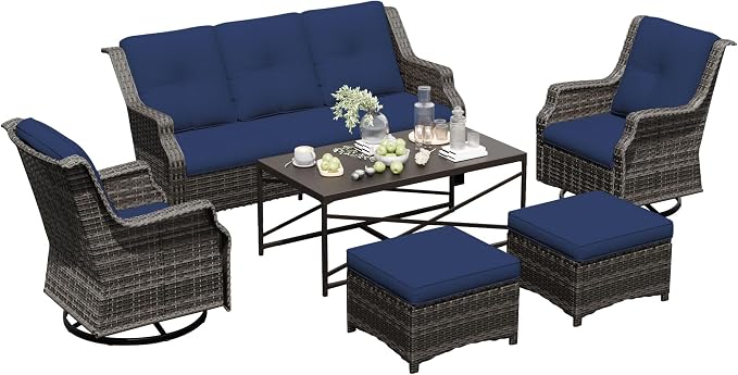 6 Pieces Patio Furniture Set, Outdoor Furniture Set with 2 Patio Swivel Rocking Chairs, 2 Ottoman, 1 Outdoor Wicker Sofa, 1 Metal Table, Ideal for Backyard, Garden, Poolside, Blue